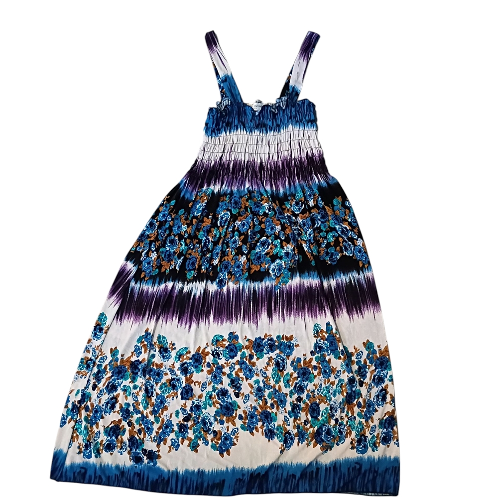 Elegant Floral Midi Dress in Blue and Purple